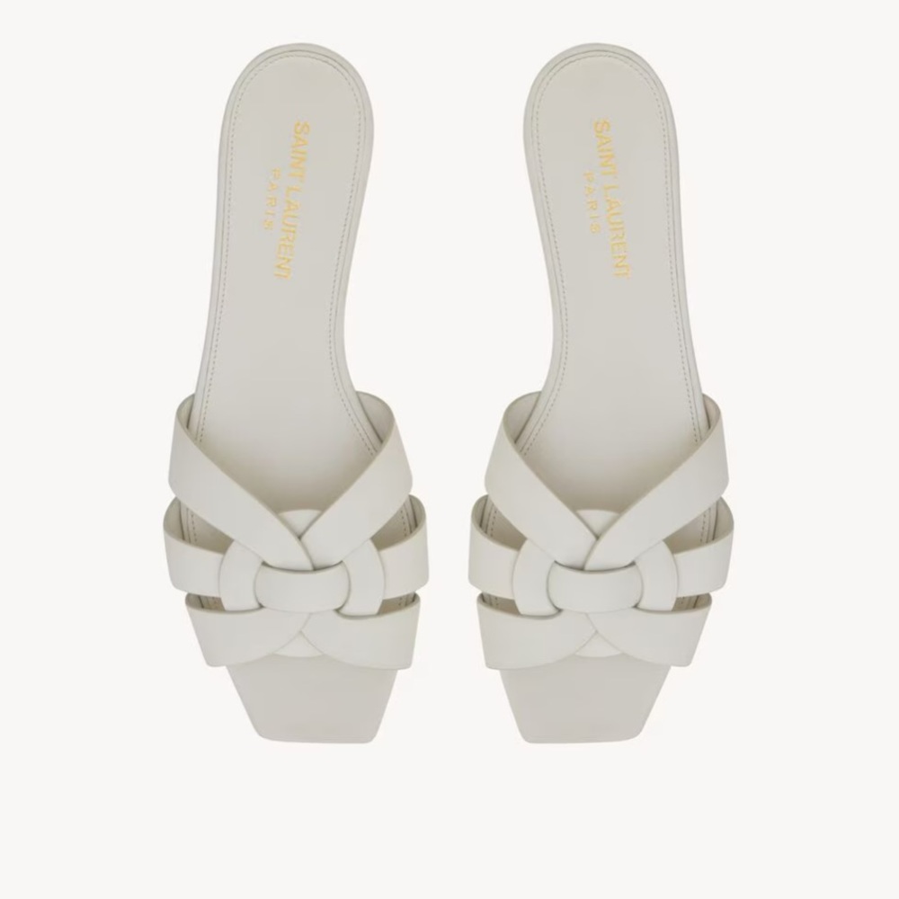 NIB Saint Laurent White leather Tribal flat slide Slippers mules (39.5)